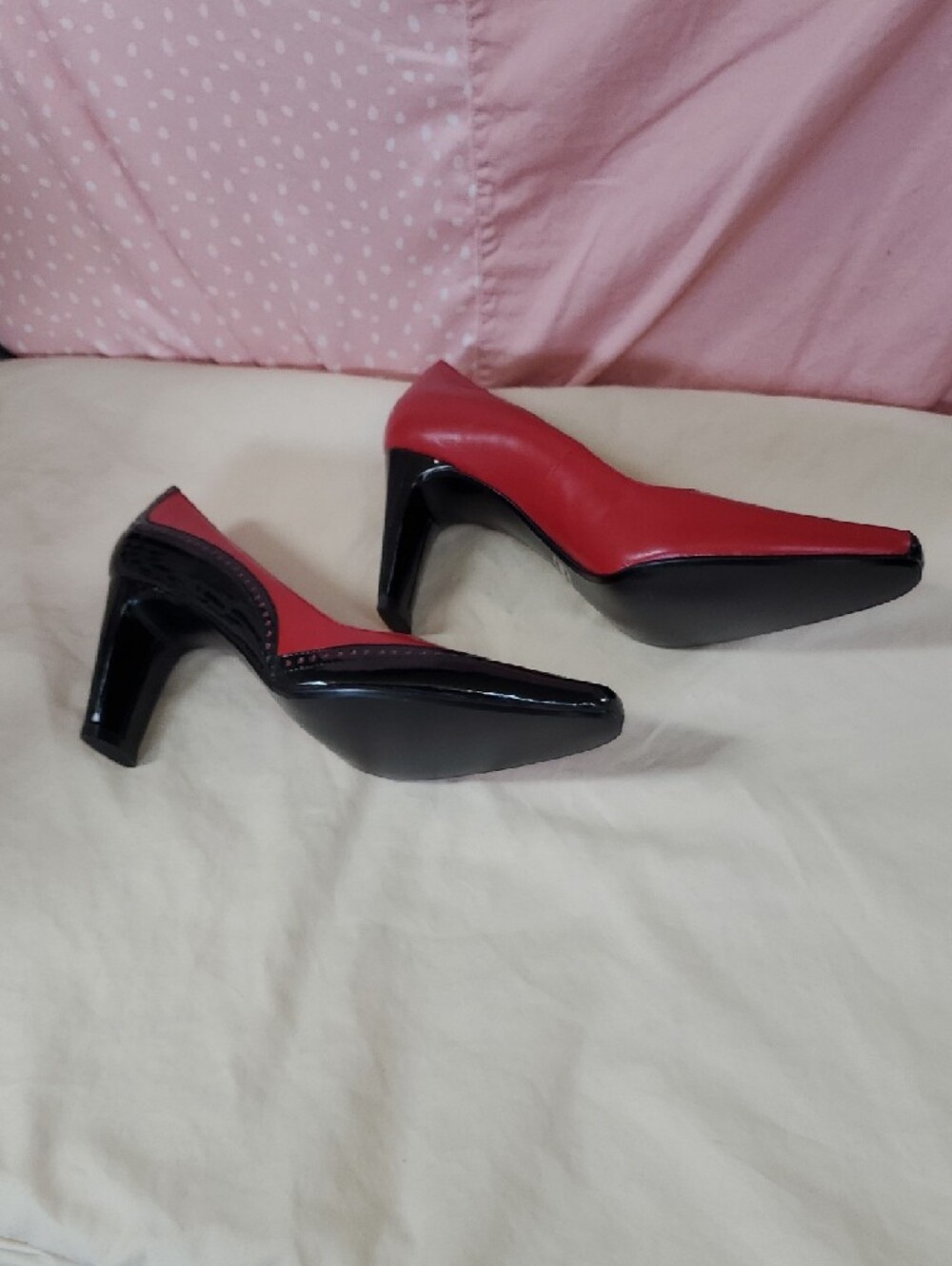 Bellini Red and Black Pointed Toe Pumps with Stud Trim - Picture 9 of 9